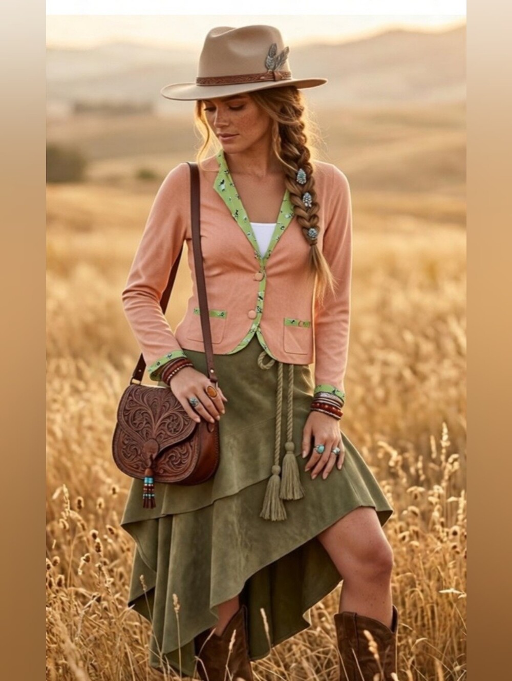 Anthropologie Vintage HWR Monogram Peach Western Horse Silk Trim Cardigan
